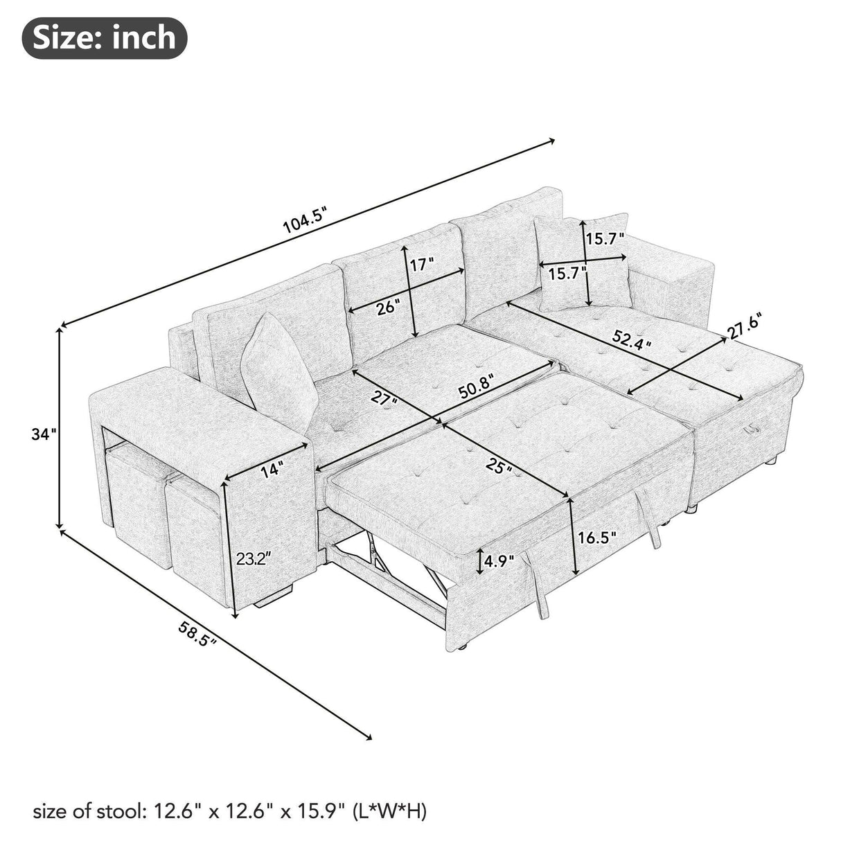 Modern L-Shape 3 Seat Reversible Sectional Couch, Pull Out Sleeper Sofa With Storage Chaise And 2 Stools For Living Room Furniture Set - Furniture Home Direct
