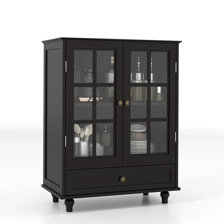 Minimalist Buffet Cabinet With Double Glass Doors And Drawer - Furniture Home Direct