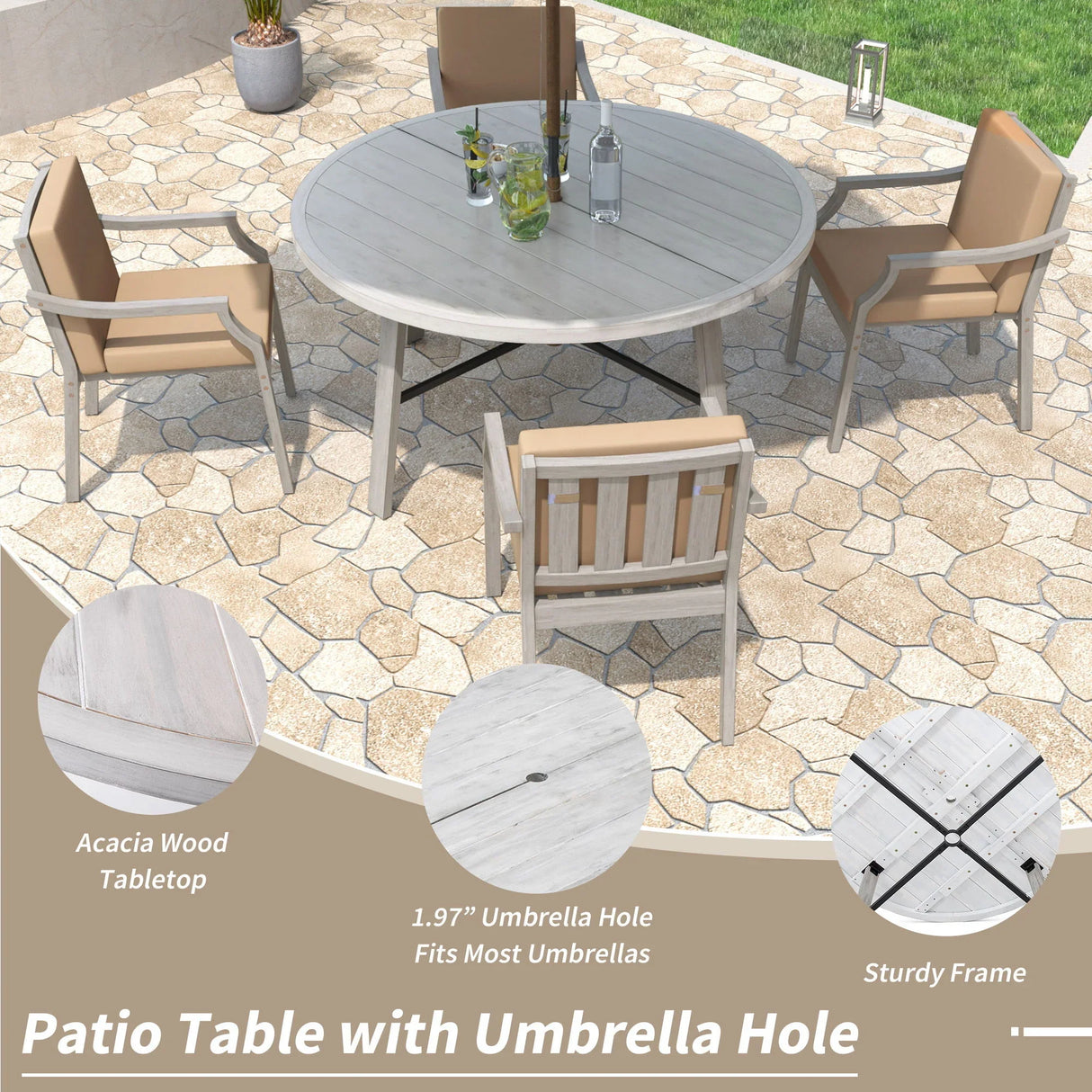 Outdoor Wooden Dinning Set With An Umbrella Hole And Removable Cushions For Patio - Furniture Home Direct