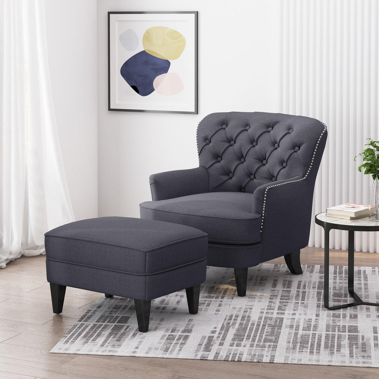 Club Chair and Ottoman Tufted Set with Nailhead Gray - Furniture Home Direct