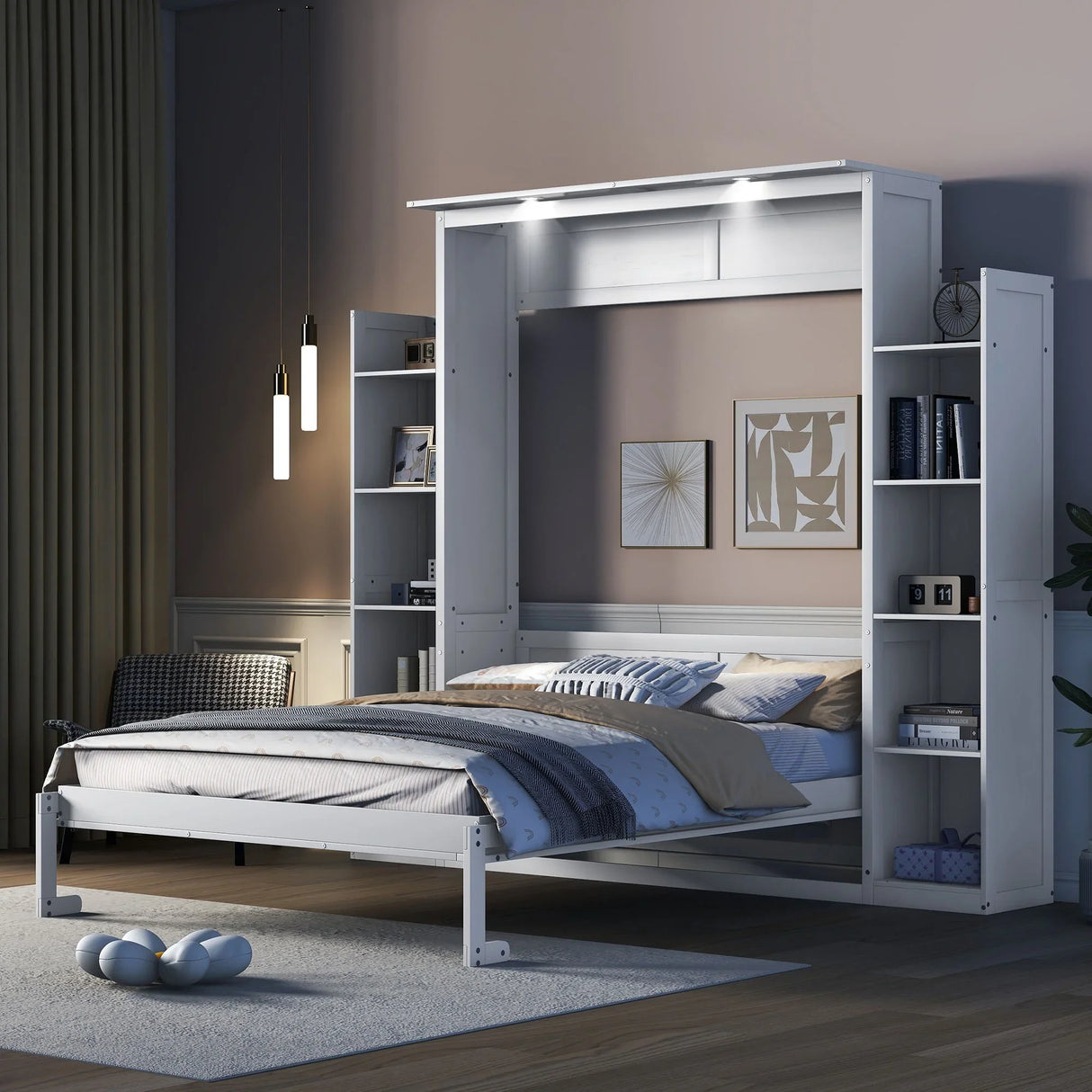 Wall Murphy Bed With Shelves And LED Lights - Furniture Home Direct
