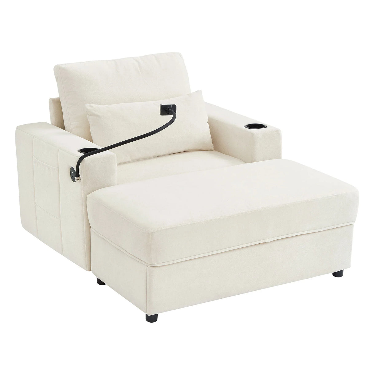 Modern Style Armchair Chaise Lounge Sofa Couch With Movable Storage Ottoman, USB Ports, Cup Holders, Phone Holder, Side Pockets - Furniture Home Direct