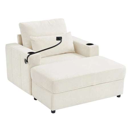 Modern Style Armchair Chaise Lounge Sofa Couch With Movable Storage Ottoman, USB Ports, Cup Holders, Phone Holder, Side Pockets - Furniture Home Direct