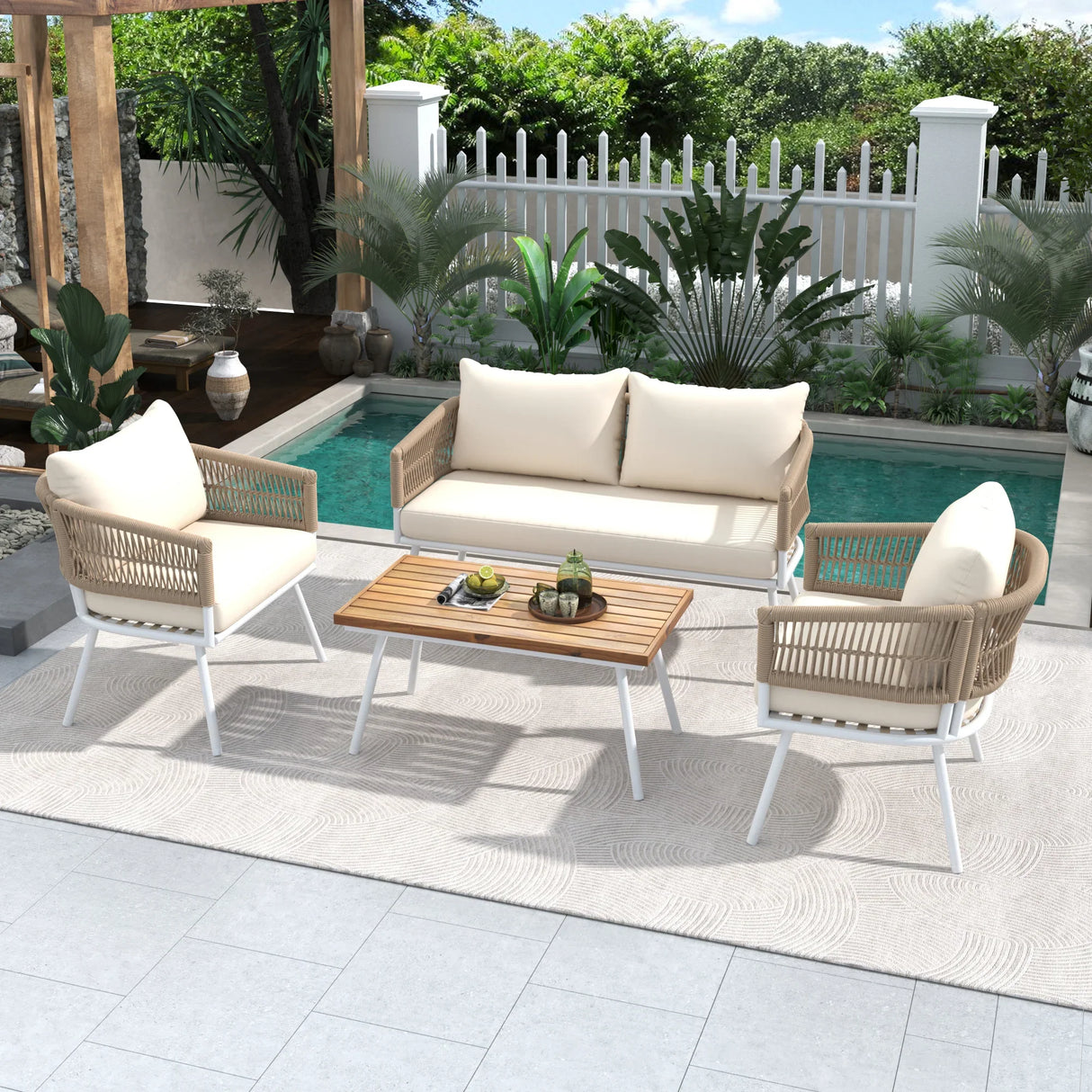 4-Piece Boho Patio Set - Beige - Furniture Home Direct