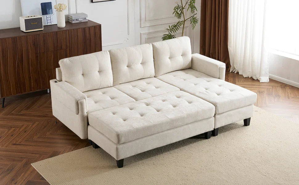 Sleeper Sectional Chenille L Shaped With Chaise Beige - Furniture Home Direct