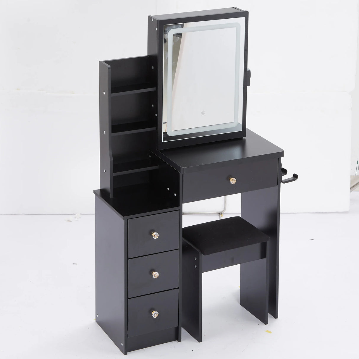 Vanity Desk With Cushioned Stool Lighted Mirror Black - Furniture Home Direct