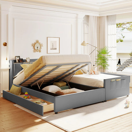 Platform Bed Upholstered Storage Hydraulic Drawers Gray - Furniture Home Direct