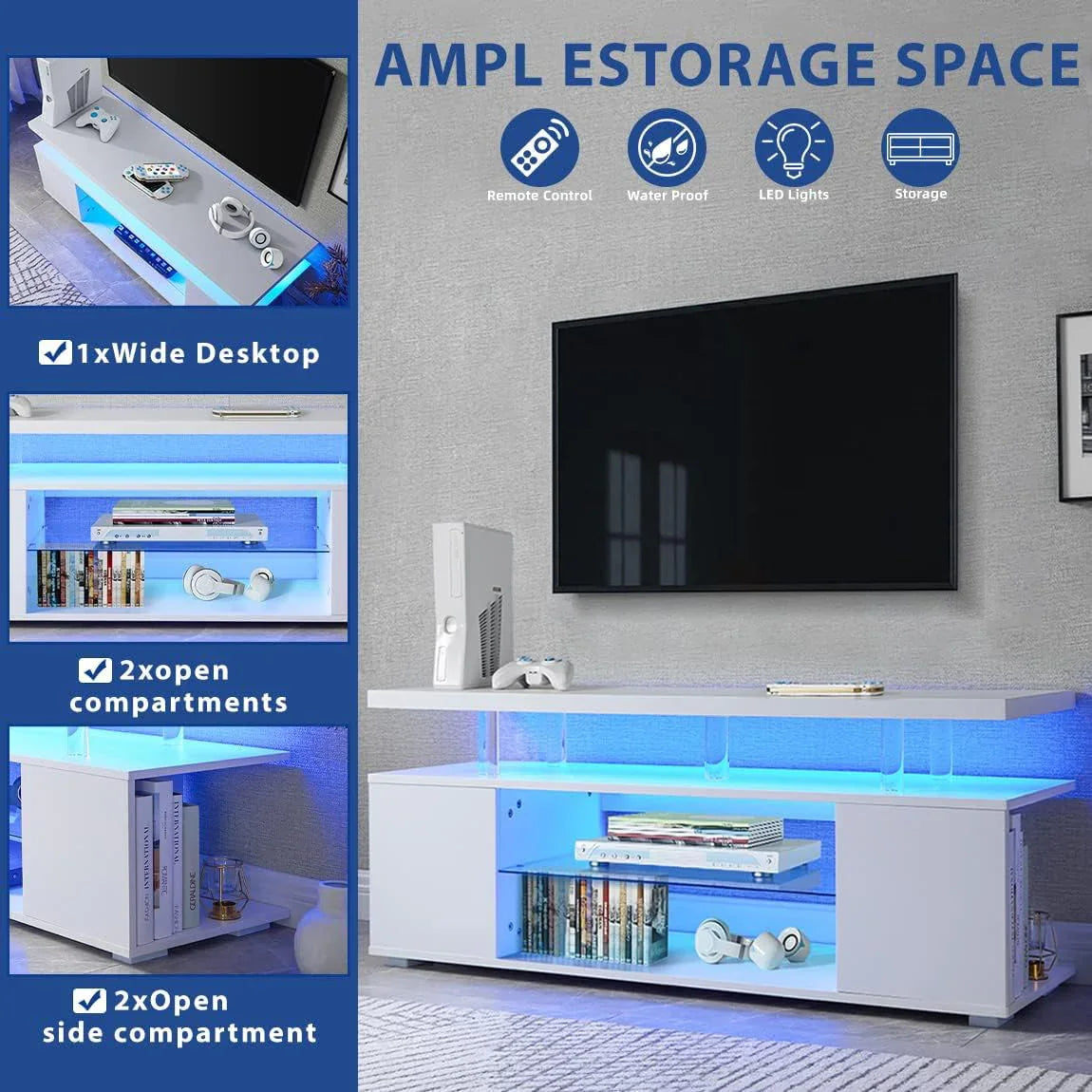 TV Stand LED Gaming Entertainment Center, Media Storage Console Table With Large Side Cabinet - Furniture Home Direct