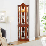 Corner Curio Cabinet With Lights, Adjustable Tempered Glass Shelves, Mirrored Back, Display Cabinet (E26 Light Bulb Not Included) - Walnut - Furniture Home Direct