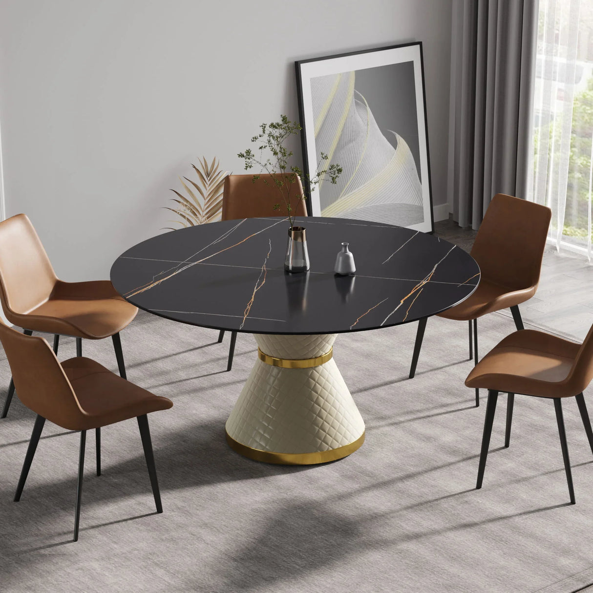 59.05" Modern Artificial Stone Round Carbon Steel Base Dining Table, Can Accommodate 6 People - Black / White - Furniture Home Direct