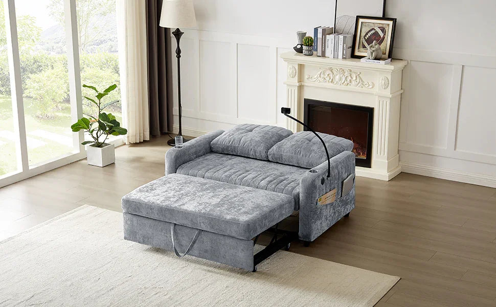 Sleeper Sofa With Adjustable Backrest, Two Cup Holders, Phone Holder, Three Charging Ports And Side Storage Pockets - Gray - Furniture Home Direct