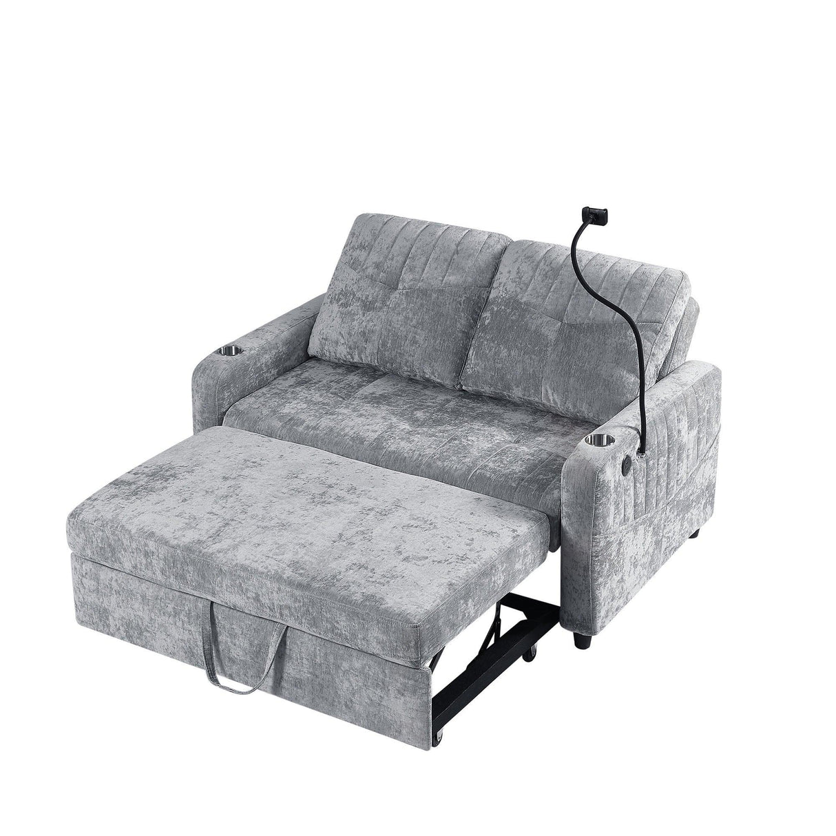 Sleeper Sofa With Adjustable Backrest, Two Cup Holders, Phone Holder, Three Charging Ports And Side Storage Pockets - Gray - Furniture Home Direct