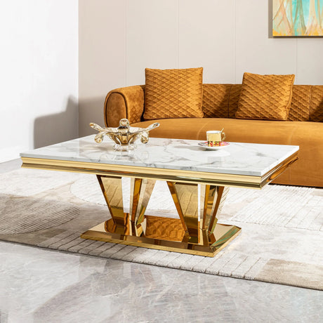 Modern Rectangular Coffee Table With Marble Pattern Top, Stainless Steel Base - Gold - Furniture Home Direct