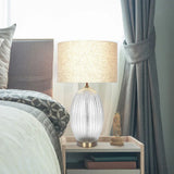Aurora - Ribbed Lamp Base Clear Table Lamp Large Linen Shade - Beige / Clear / Gold - Furniture Home Direct