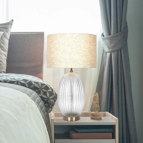 Aurora - Ribbed Lamp Base Clear Table Lamp Large Linen Shade - Beige / Clear / Gold - Furniture Home Direct