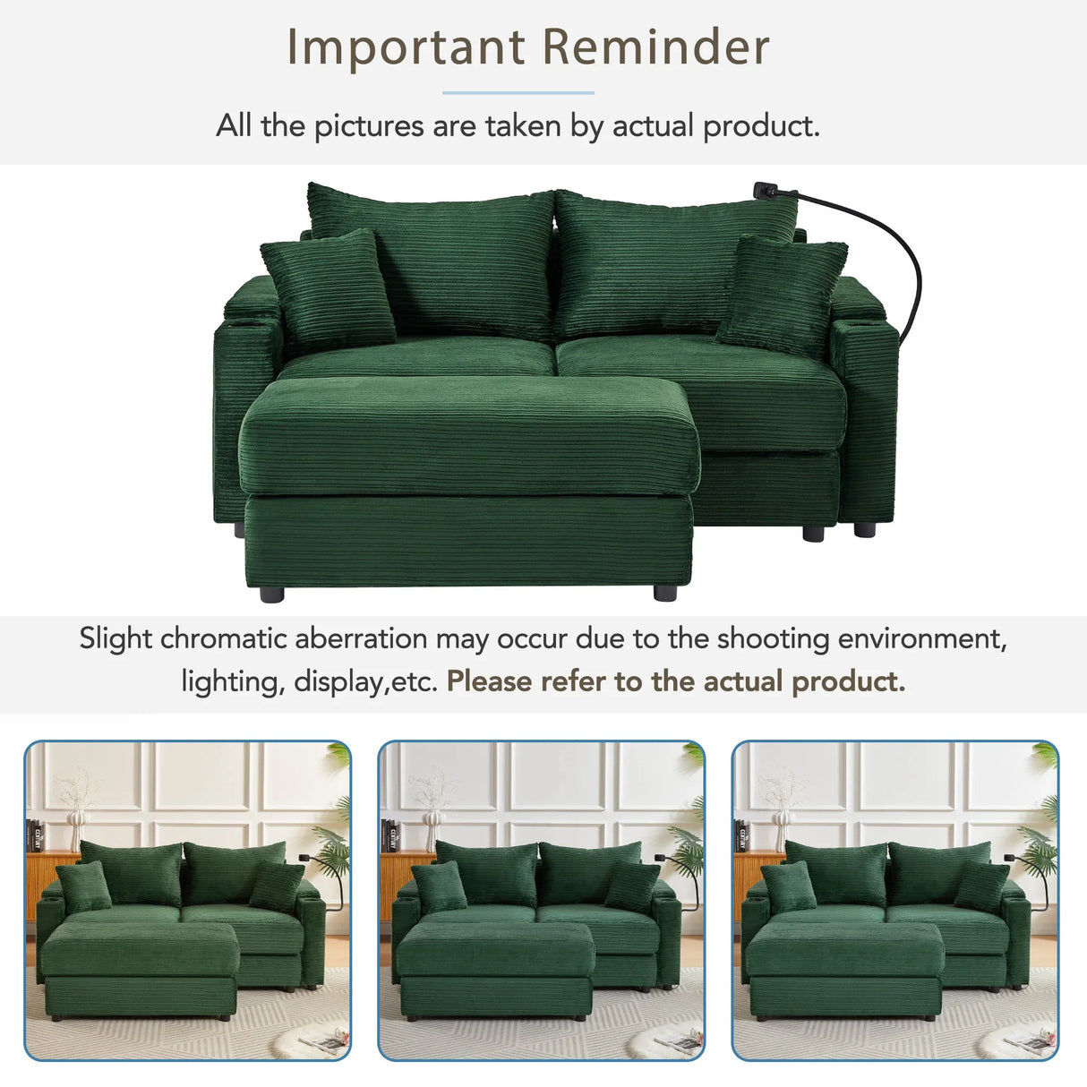 Sofa and Ottoman With Storage, Two USB Ports, Two Cup Holders and Phone Holder - Green - Furniture Home Direct