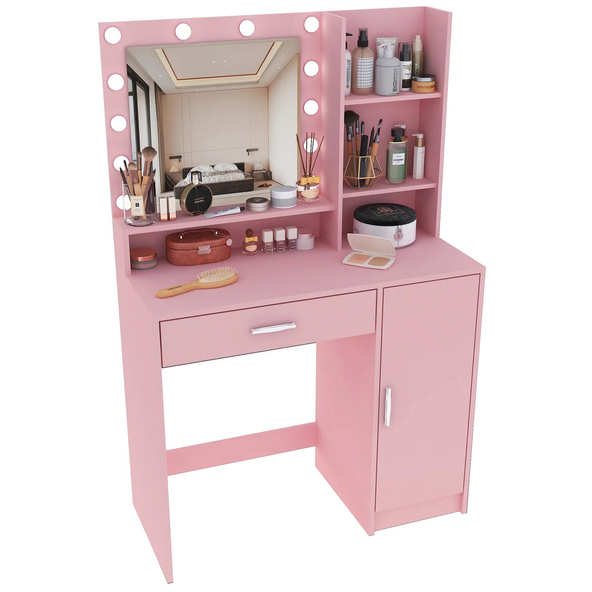 Vanity Desk With Illuminated Mirror And Storage Pink - Furniture Home Direct