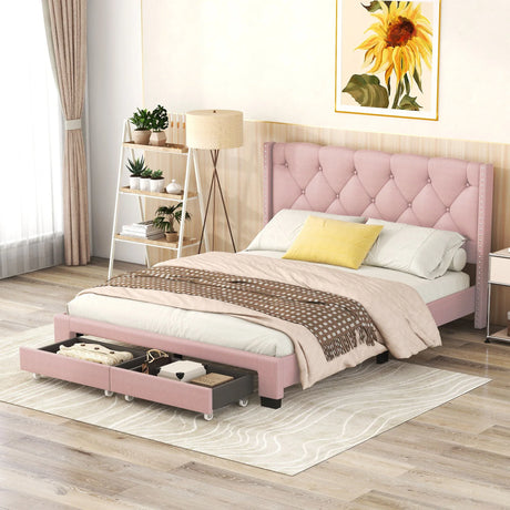 Queen Size Storage Bed Linen Upholstered Platform Bed & Two Drawers - Pink - Furniture Home Direct