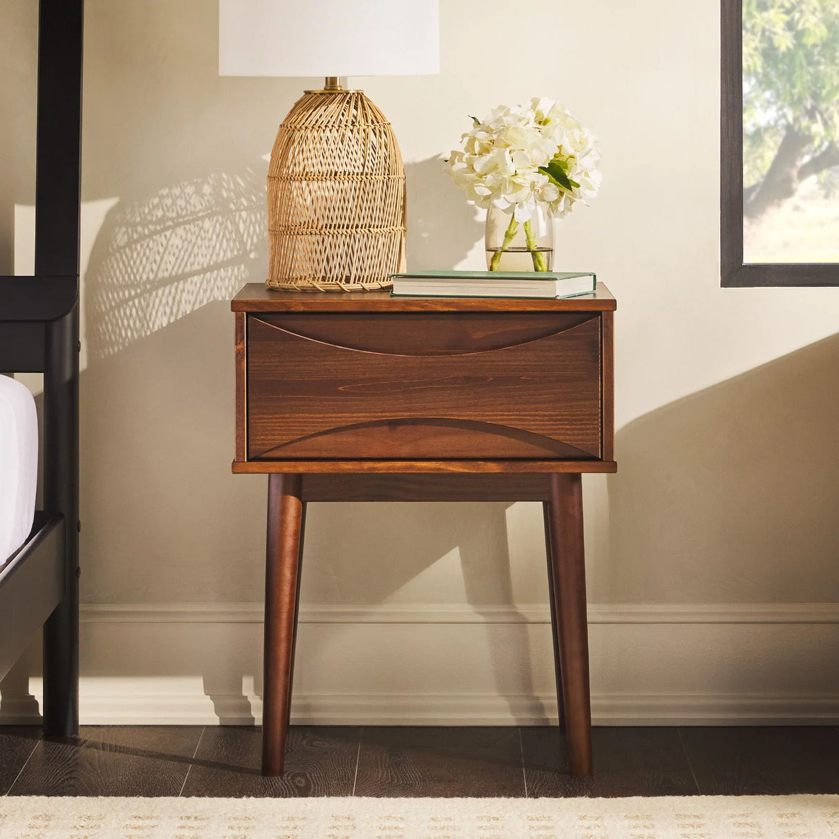Mid-Century Modern 1 Drawer Solid Wood Nightstand - Walnut - Furniture Home Direct