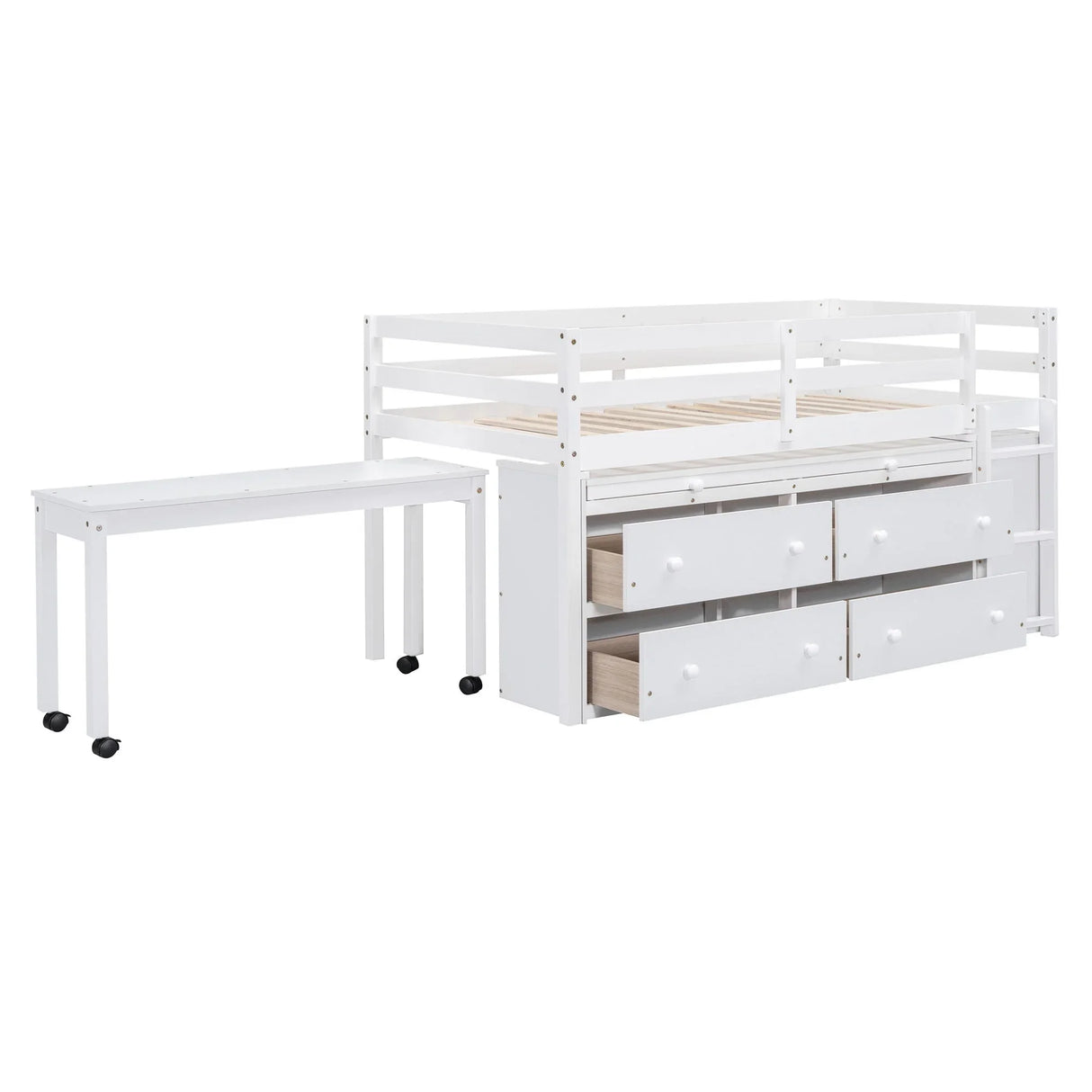 Loft Bed With Retractable Writing Desk And 4 Drawers, With Lateral Portable Desk And Shelves - Furniture Home Direct
