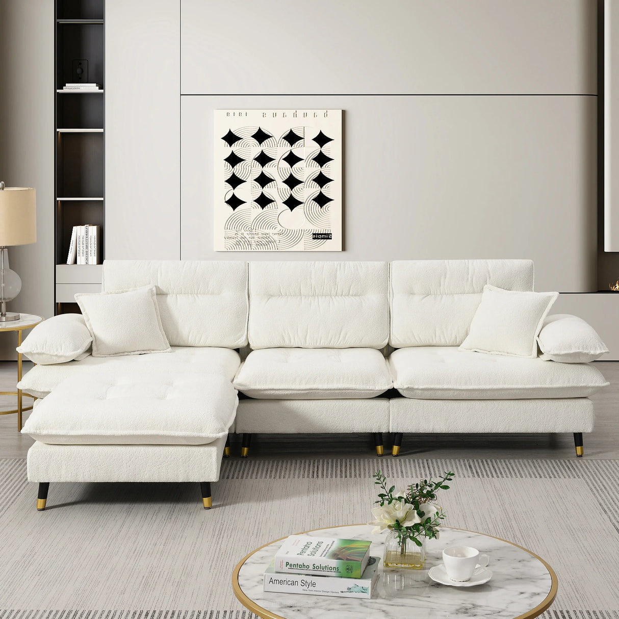 L Shaped Sofa Cloud Chenille Fabric Removable Ottoman White - Furniture Home Direct
