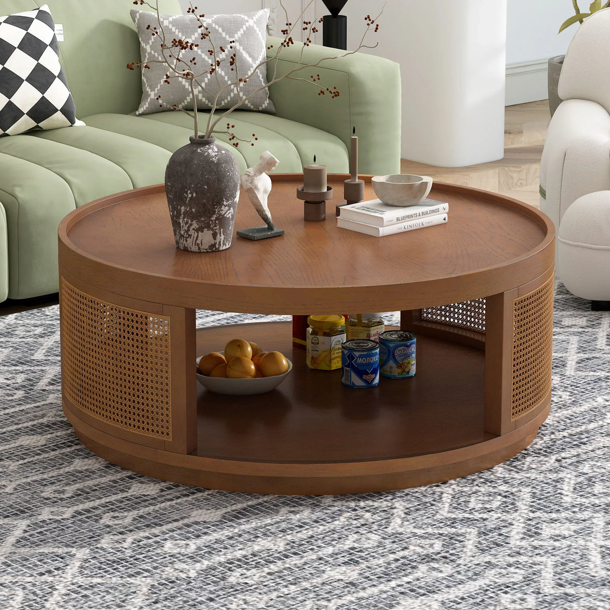 Round Cane Coffee Table With Rattan Side - Furniture Home Direct