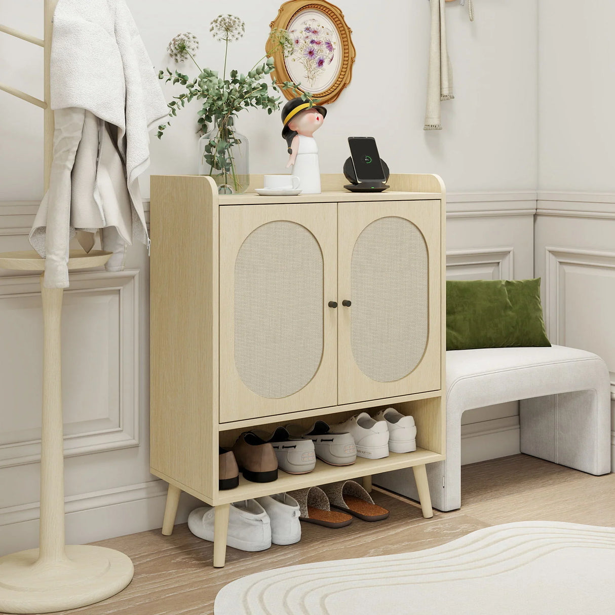 2 Door Shoe Rack, Freestanding, Modern Shoe Storage Cabinet, For Entryway - Natural - Furniture Home Direct