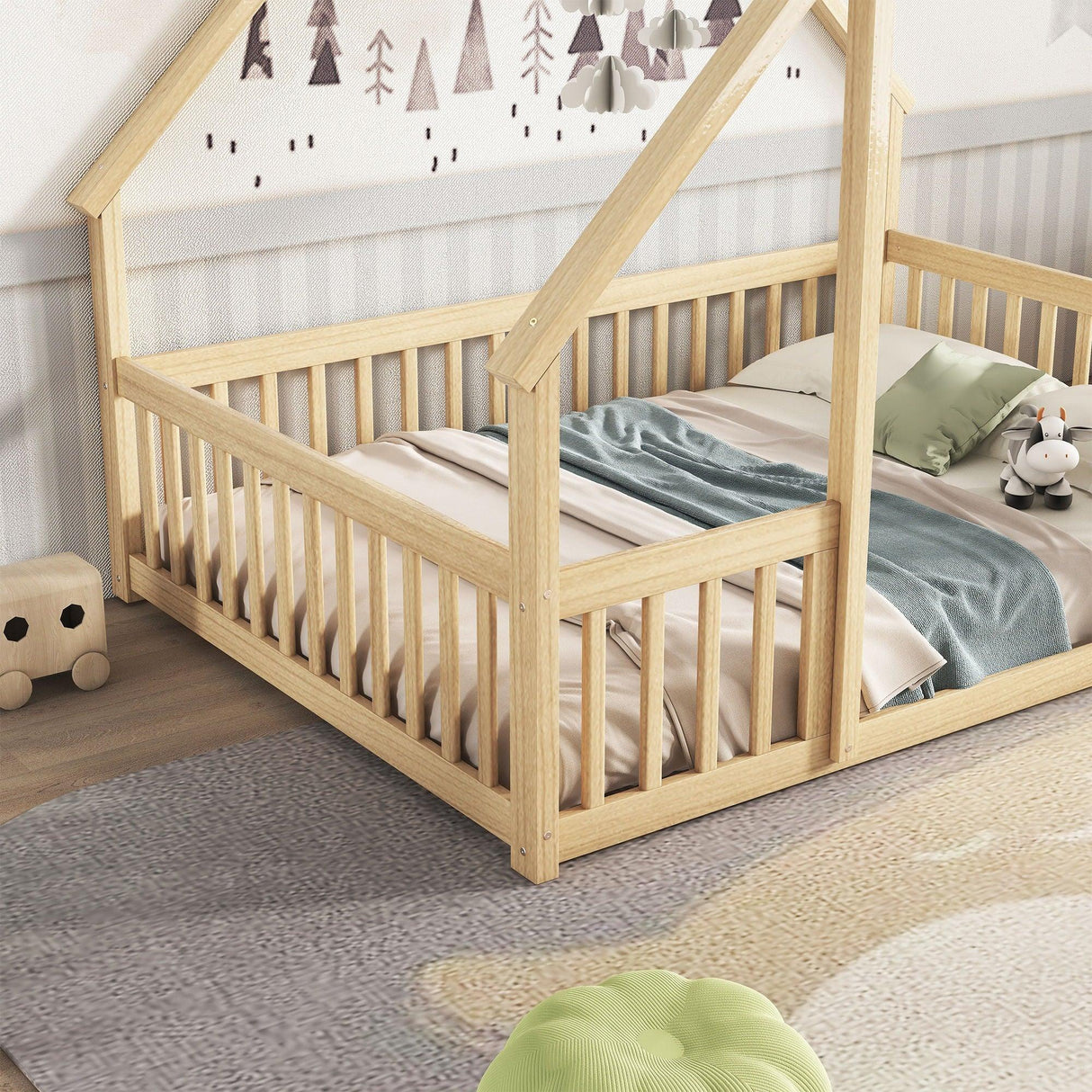 Wood House-Shaped Floor Bed With Fence, Guardrails - Furniture Home Direct