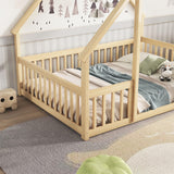 Wood House-Shaped Floor Bed With Fence, Guardrails - Furniture Home Direct