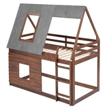 Wood Twin Size House Bunk Bed With Roof, Ladder And 2 Windows - Oak & Smoky Gray - Furniture Home Direct