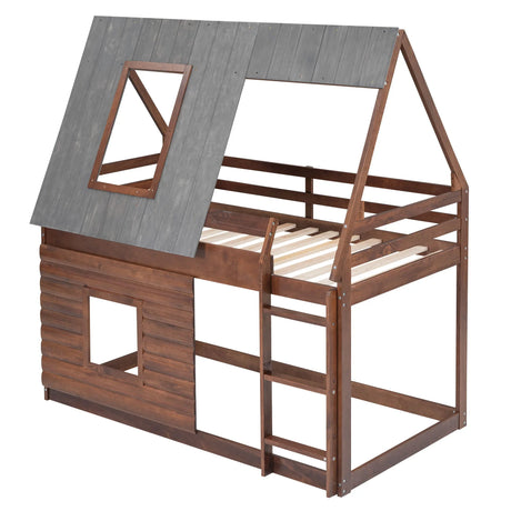 Wood Twin Size House Bunk Bed With Roof, Ladder And 2 Windows - Oak & Smoky Gray - Furniture Home Direct
