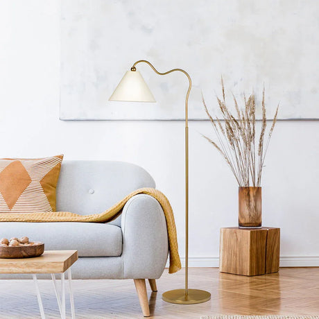 Majestic - Ring Base Curved Floor Lamp With Triangle Drum Shade - Gold / White - Furniture Home Direct