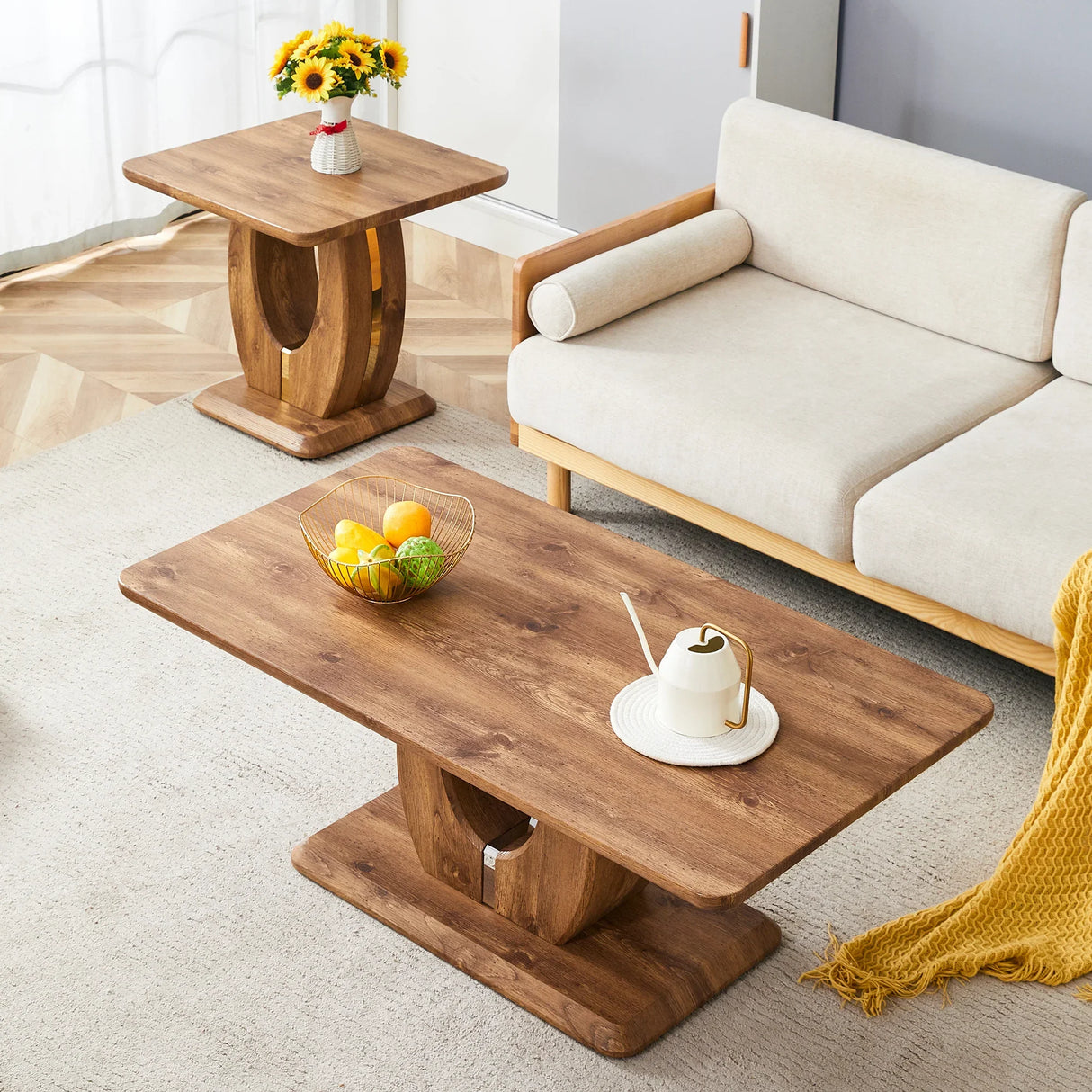 Coffee Table Set With Circular Arc Base And Wood Tone - Furniture Home Direct