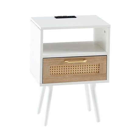 15.75" Rattan End Table With Power Outlet & USB Ports, Modern Nightstand With Drawer And Solid Wood Legs, Side Table For Living Room, Bedroom - Furniture Home Direct