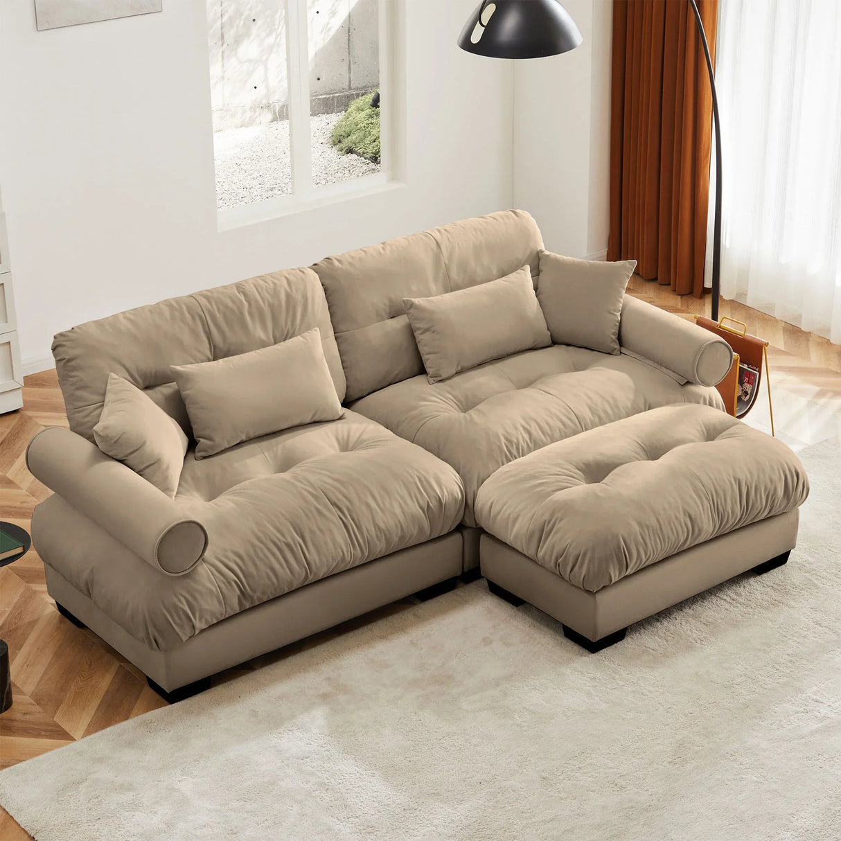 Modern Sectional Sofa With Ottoman, Round Bolster Armrests, Waist And Throw Pillows - Furniture Home Direct