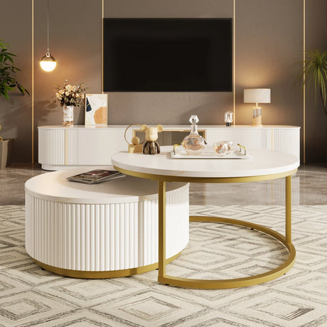 Round Nesting Coffee Table Fluted Drawer Gold and White - Furniture Home Direct