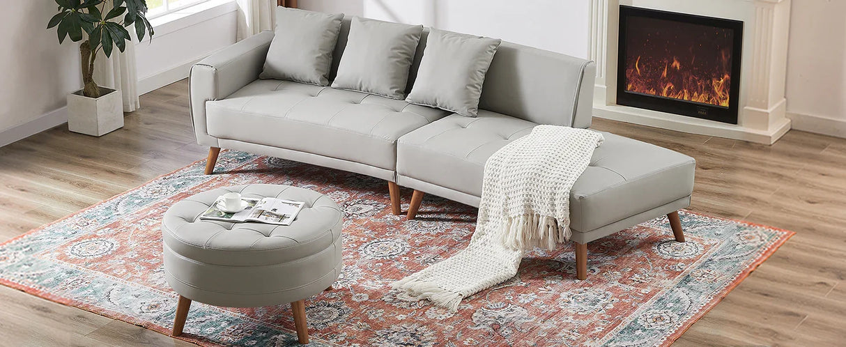 107 Inch Contemporary Sofa With Round Storage Ottoman Grey - Furniture Home Direct