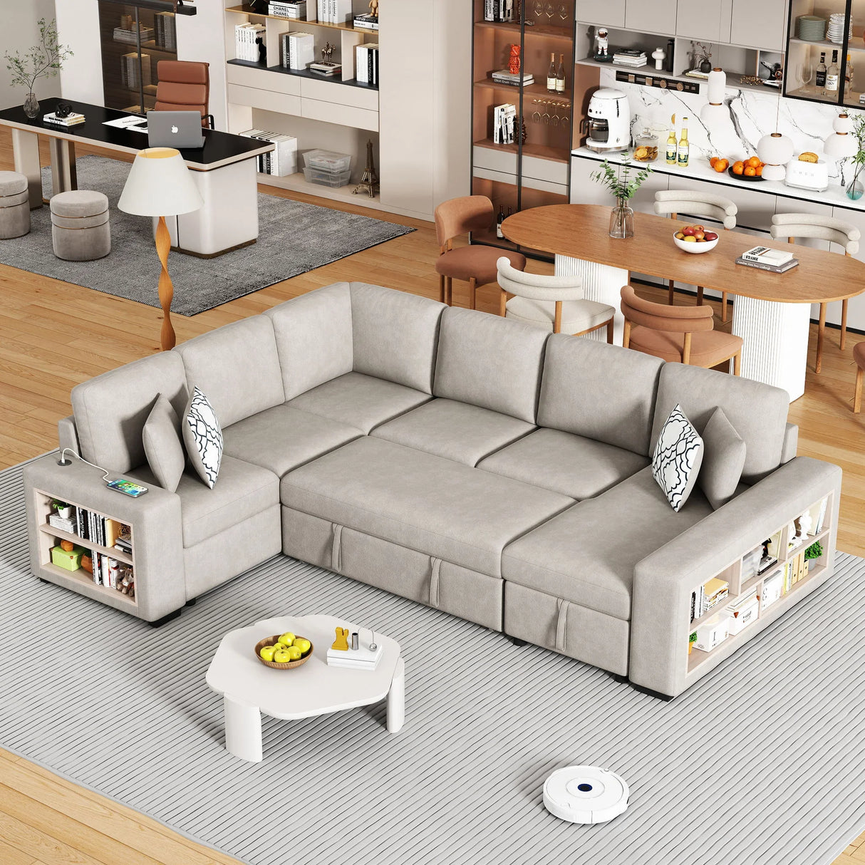U-Shaped Sectional Sofa Pull-Out Sofa Bed With Two USB Ports, A Storage Chaise Lounge And Four Back Pillows For Living Room - Furniture Home Direct