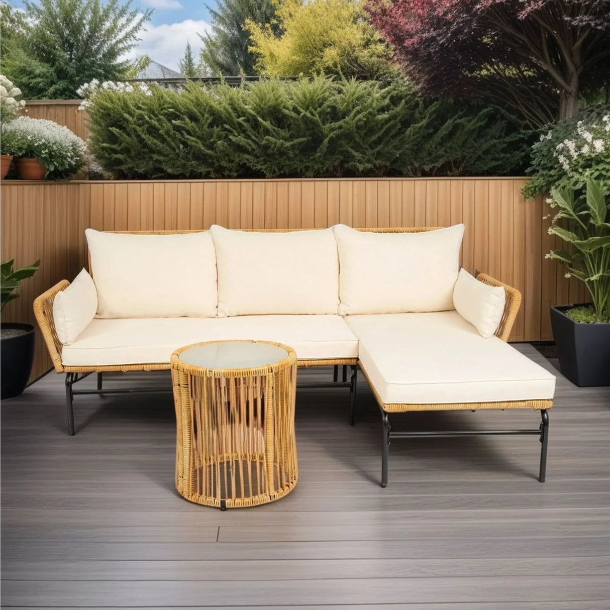 3 Piece Sectional Outdoor Patio Wicker Furniture Set - Natural Yellow / Creme - Furniture Home Direct