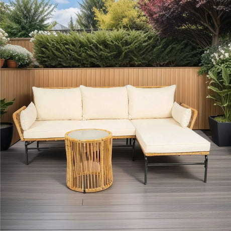 3 Piece Sectional Outdoor Patio Wicker Furniture Set - Natural Yellow / Creme - Furniture Home Direct