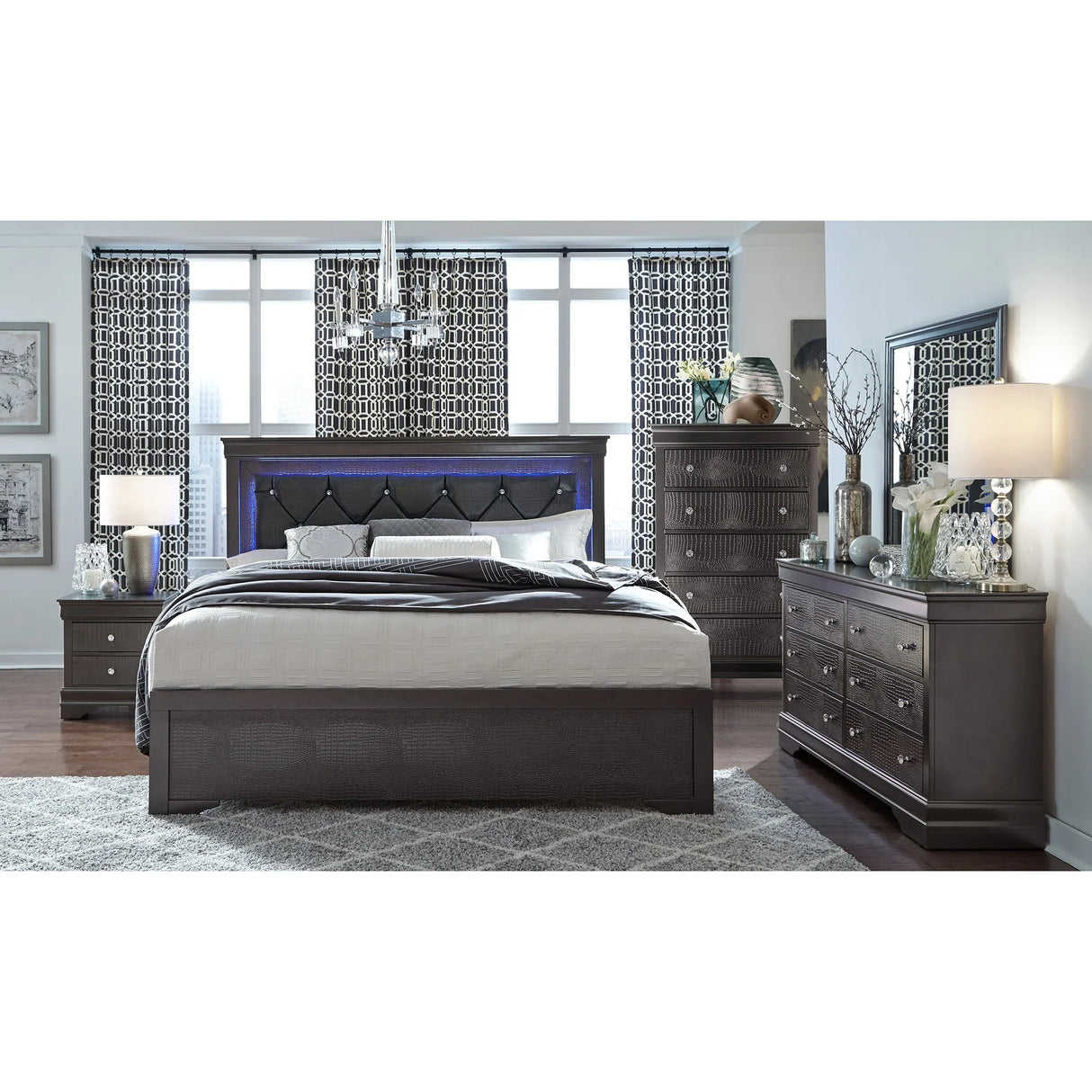 Shaker - 5 Pieces Bedroom Set With Crystal Inspired Tufted Headboard And LED Lighting - Furniture Home Direct