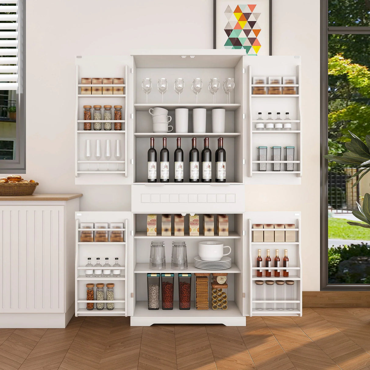 Farmhouse Style Pantry Cabinet With Drawer 2 Cabinets & 6 Door Shelves Adjustable Shelves Freestanding Cupboard - White - Furniture Home Direct