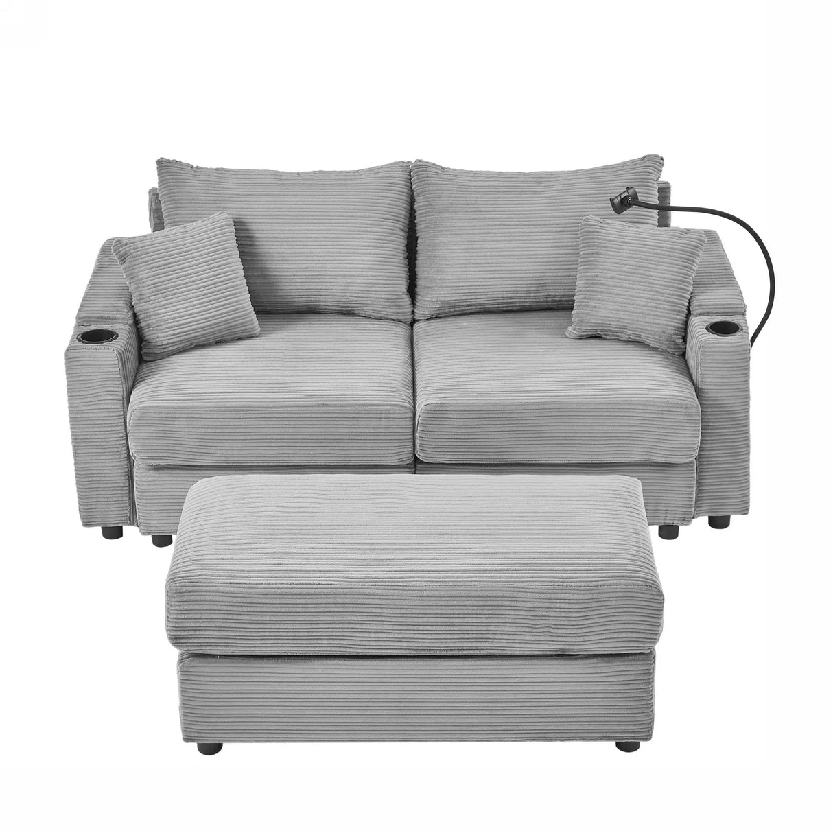 Modern Style Loveseat With Storage, Ottoman, Two USB Ports, Two Cup Holders and Phone Holder - Gray - Furniture Home Direct