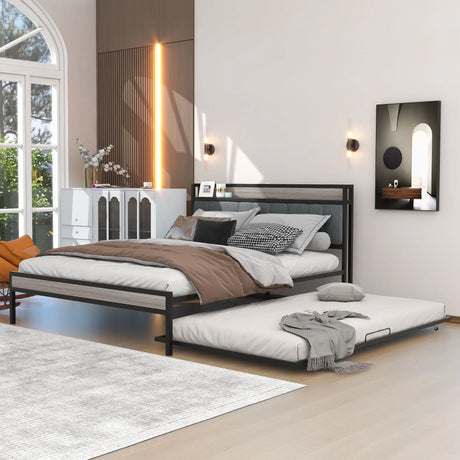 Platform Bed Frame With Trundle, USB Ports And Slat Support, No Box Spring Needed - Furniture Home Direct