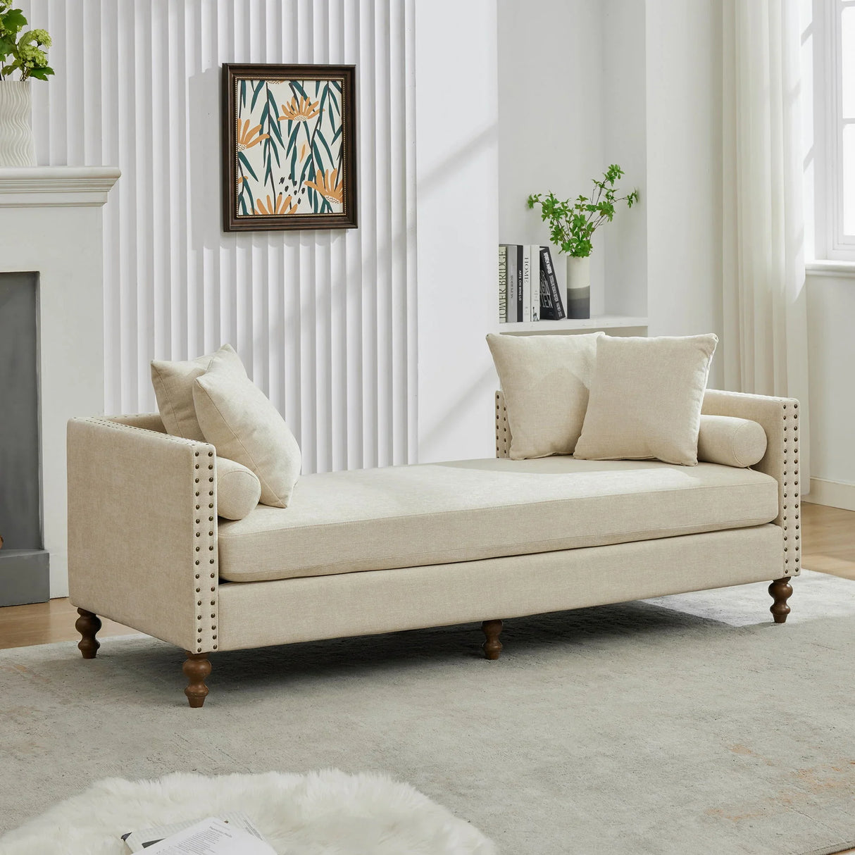 Upholstered Chaise Lounge Indoor With Nailheads, Sleeper Sofa Couch With 4 Throw Pillows & 2 Bolsters, Daybed With Rubberwood Legs - Furniture Home Direct