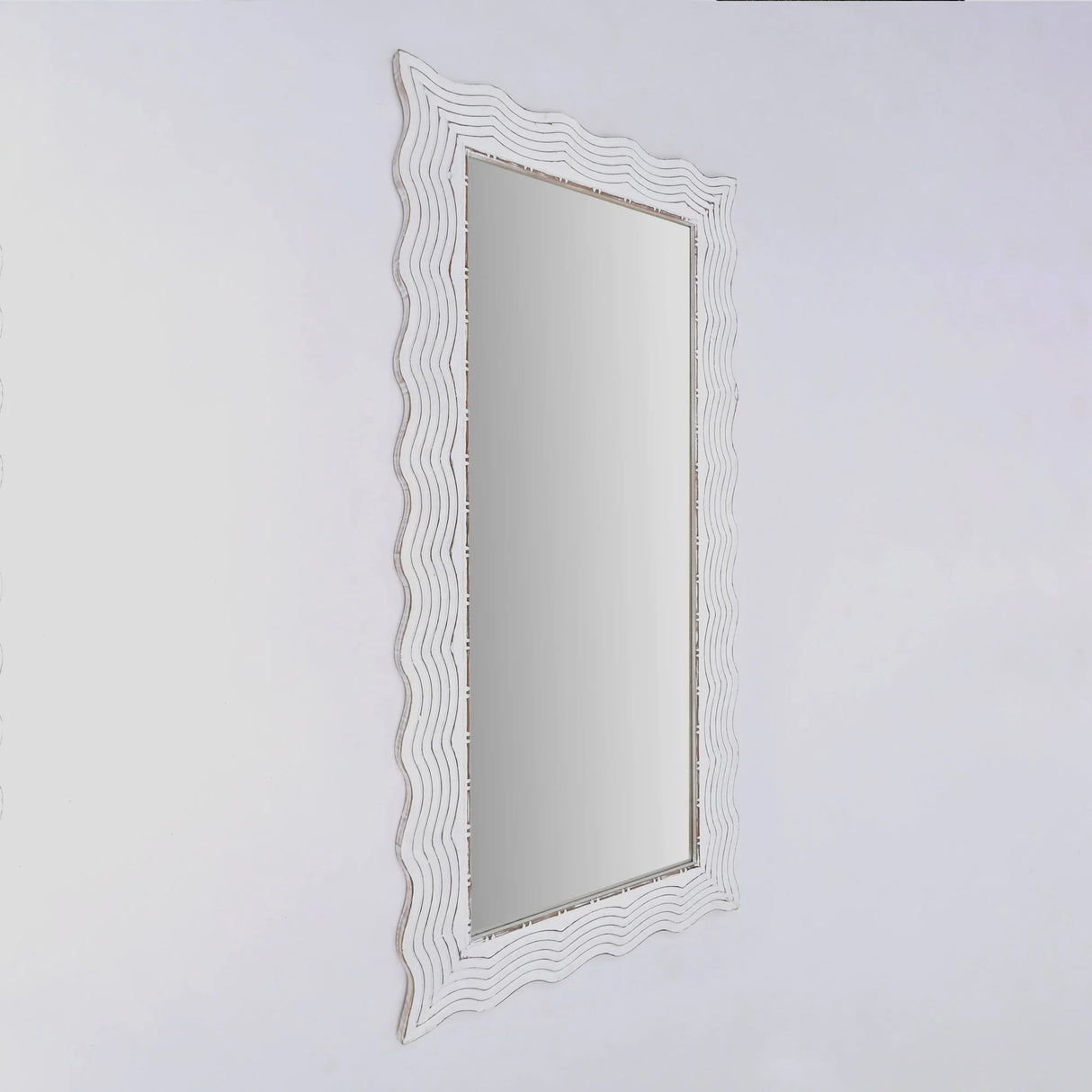 Handcarved Wave Design Rectangle Mirror Accent Enhancing Space - Antique White - Furniture Home Direct