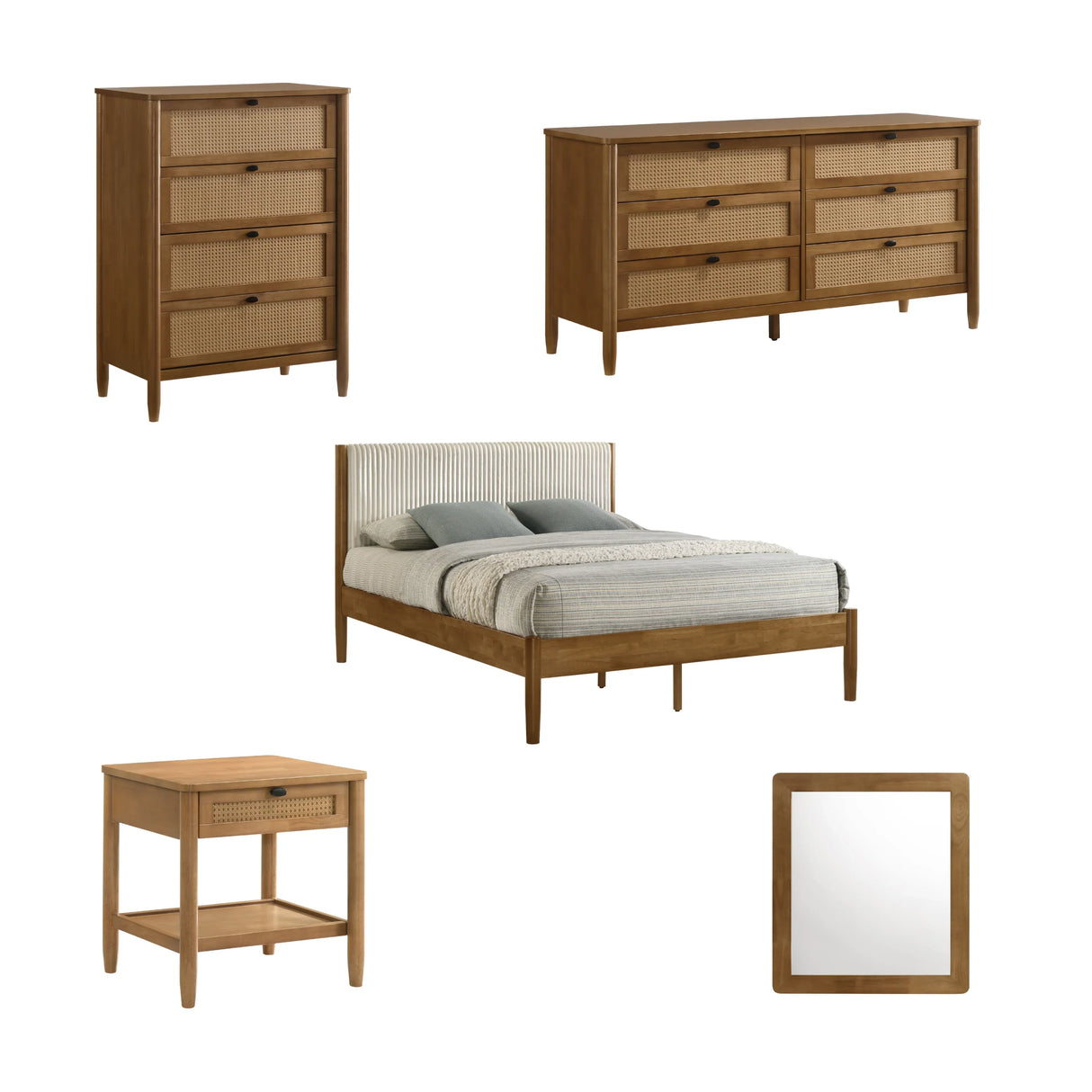 Bedroom Set 5 Piece Corduroy Upholstered Queen Bed Walnut - Furniture Home Direct
