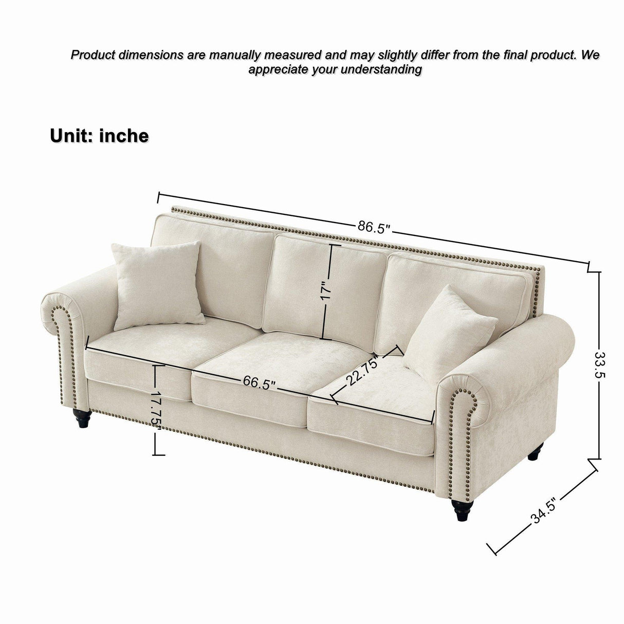 3 Seater Sofa With Tufted Upholstery, Rolled Arms, Nailhead Trim - Furniture Home Direct