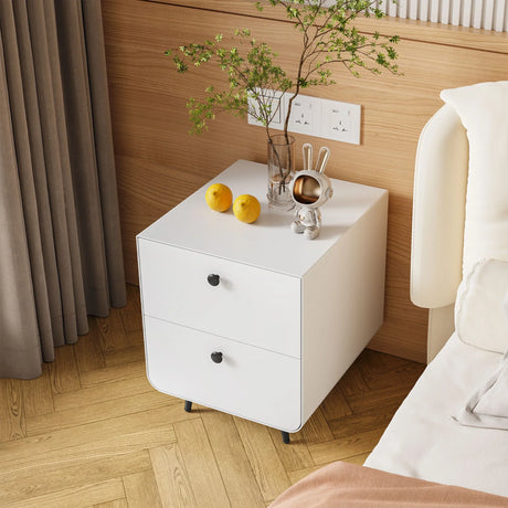Modern Night Stand Storage Cabinet For Living Room Bedroom, Steel Cabinet With 2 Drawers, Bedside Furniture, Circular Handle - White - Furniture Home Direct