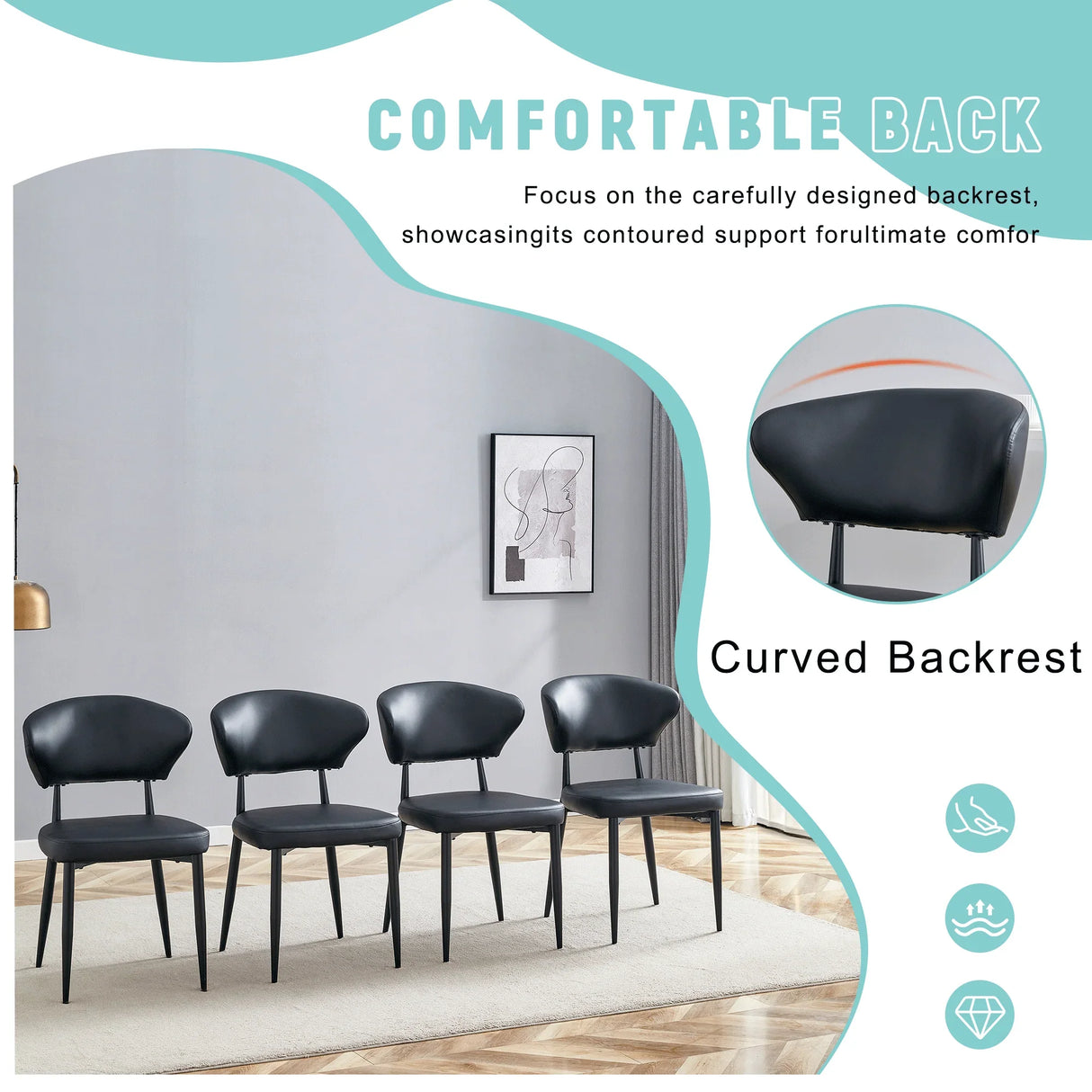 Dining Chairs Set Of 4 Modern PU Leather Metal Legs Black - Furniture Home Direct